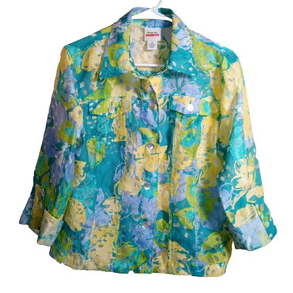 Ruby Rd.‎ Size 10 Yellow and Blue Sheer Button Down Collared Blouse - Picture 1 of 4